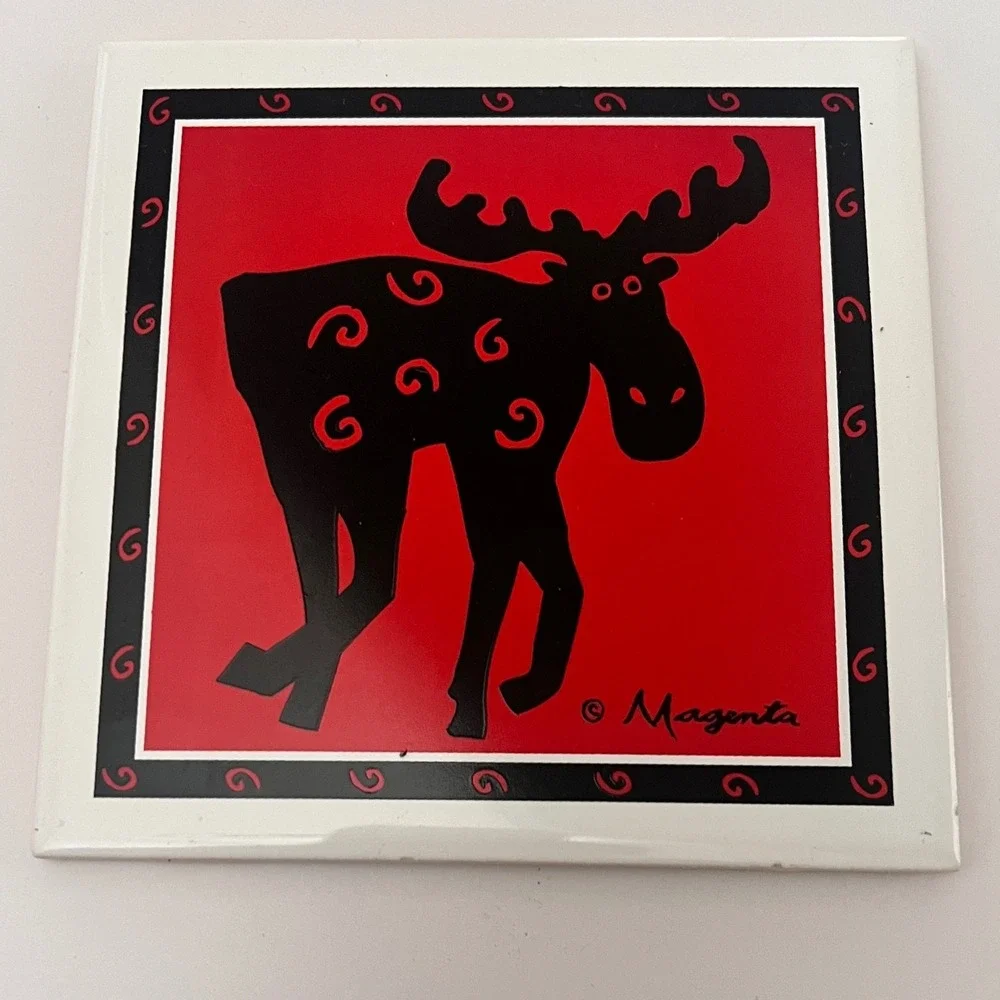 Magenta Moose Ceramic Tile Trivet Cork Back Wall Hanging Red Black Lodge Decor